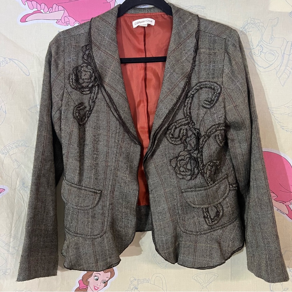 Coldwater Creek Brown Tweed Embroidered Blazer with Rust Lining